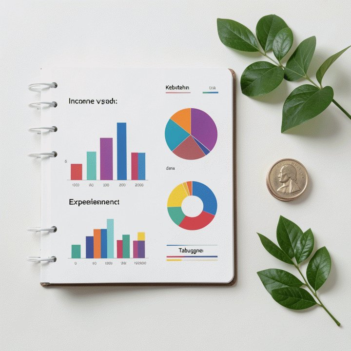 Tampilan atas buku perencanaan keuangan yang berisi grafik dan diagram alokasi anggaran abstrak, menunjukkan visualisasi pengontrolan dana yang terstruktur.
