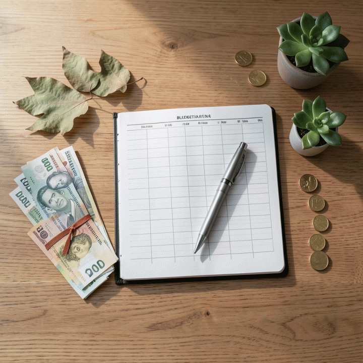 Flat lay berisi buku perencanaan anggaran (budgeting planner) terbuka di atas meja kayu dengan uang rupiah, koin, dan tanaman kecil, menggambarkan suasana mengatur keuangan pribadi yang rapi dan terstruktur.
