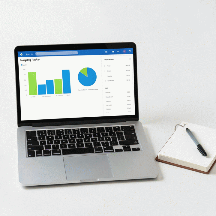 Tampilan layar laptop budgeting tracker yang menunjukkan grafik pengeluaran dan pemasukan yang terstruktur rapi, diletakkan di samping buku planner fisik.