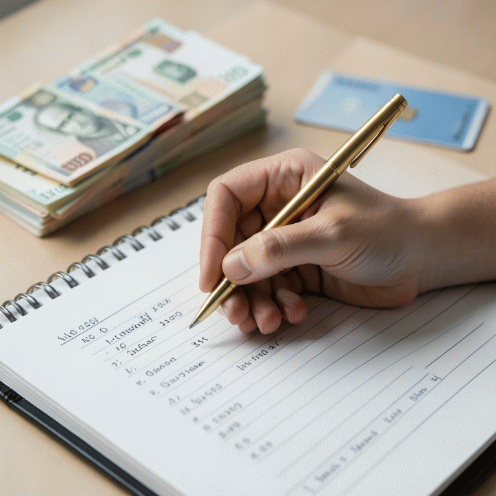 Tangan sedang menulis rencana anggaran (budget) di buku catatan dengan pulpen, dikelilingi oleh uang kertas rupiah dan kartu keuangan.