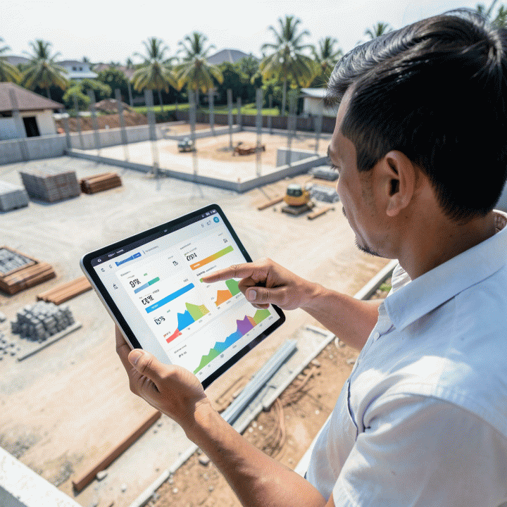 Manajer proyek di lapangan menggunakan tablet untuk memonitor progres dan biaya proyek secara real-time.