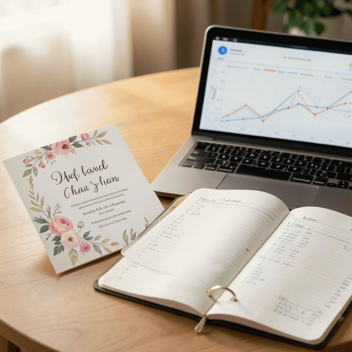 Susunan elemen perencanaan pernikahan—undangan, buku catatan, dan laptop dengan data abstrak—menunjukkan koordinasi perencanaan yang terpadu.
