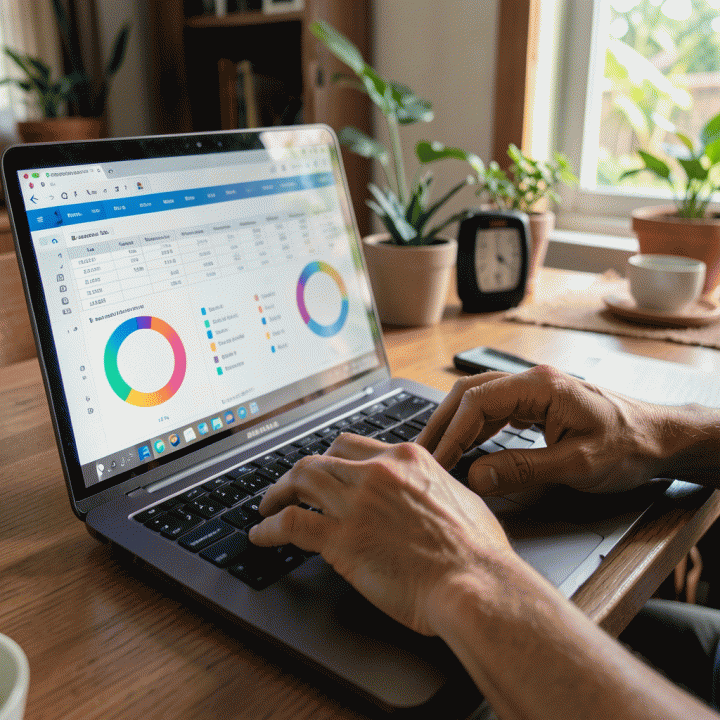 Tangan sedang berinteraksi dengan laptop yang menampilkan visualisasi data anggaran pernikahan yang terstruktur, menekankan kontrol finansial.