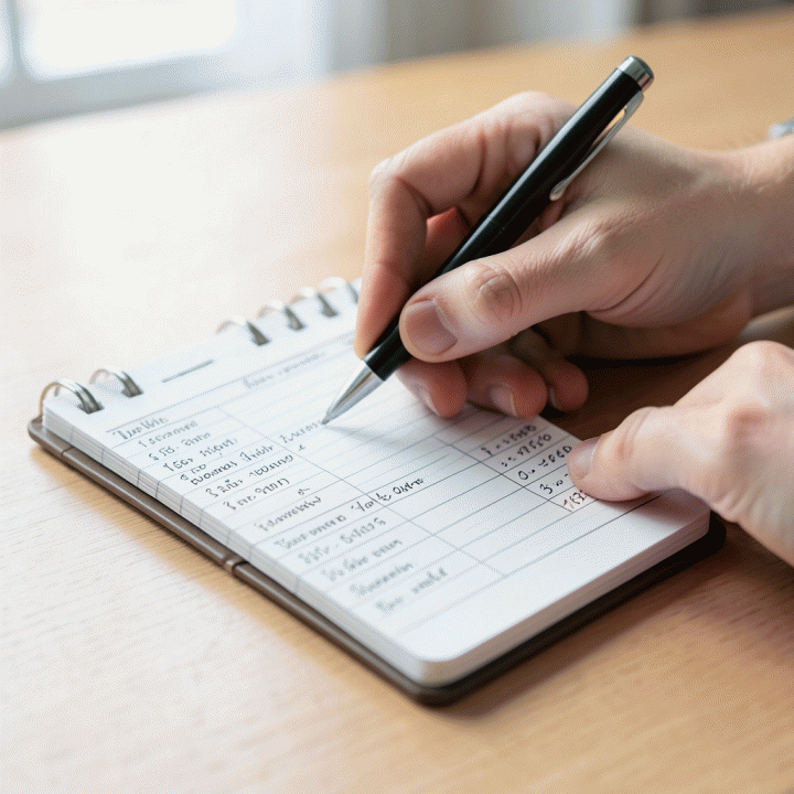 Hands tracking daily expenses using a physical ledger, illustrating the habit of expense tracking.