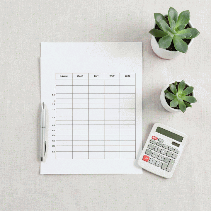 Tata letak datar (flat lay) yang menampilkan alat dan template budgeting yang terorganisir, melambangkan proses pelacakan pengeluaran yang rapi.