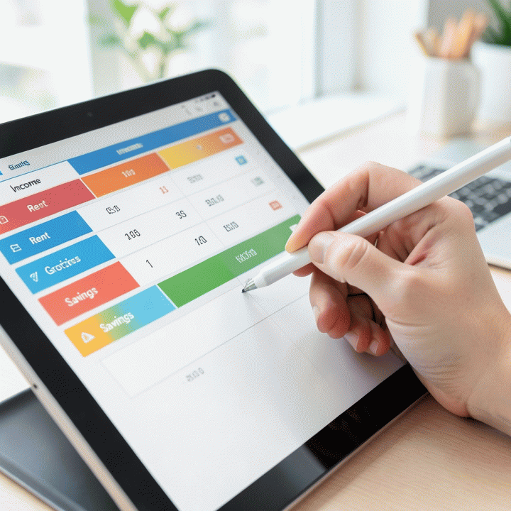 Tangan sedang mengisi template anggaran digital dengan kategori pengeluaran yang terorganisir di tablet.