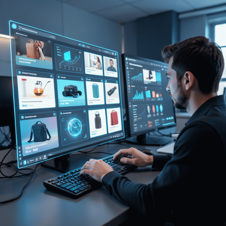 Visualisasi abstrak dari proses pembuatan variasi iklan produk e-commerce dalam jumlah besar menggunakan antarmuka AI.