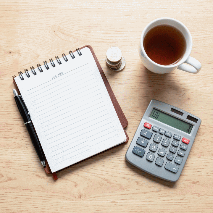 Komposisi flat lay alat-alat budgeting seperti buku catatan, pena, dan koin, melambangkan perencanaan keuangan yang sistematis.