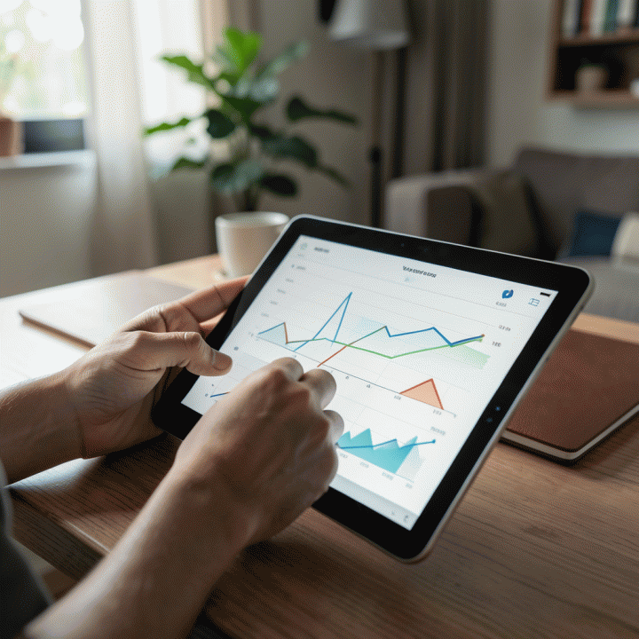 Tangan yang sedang meninjau dan menyesuaikan alokasi dana pada aplikasi atau planner digital, menunjukkan kontrol keuangan.