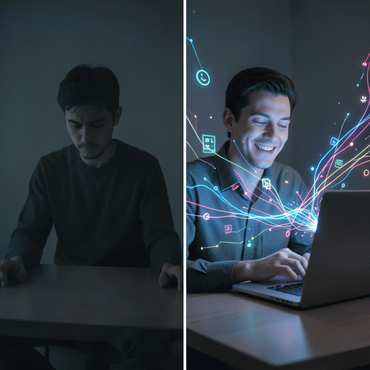 Perbandingan visual antara kesulitan ide (creative block) dan solusi yang datang dari AI, di mana konten yang sebelumnya kosong kini dipenuhi energi ide yang cerah.