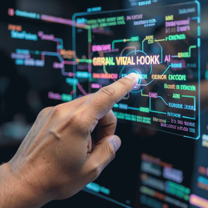 Tangan seseorang berinteraksi dengan antarmuka holografik futuristik yang menampilkan konsep-konsep hook konten yang menarik dan terstruktur.