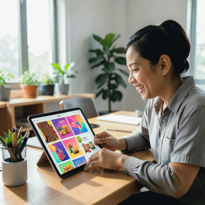 Seorang pemilik UMKM Indonesia menggunakan tablet modern yang menampilkan berbagai variasi desain iklan visual produk secara otomatis menggunakan AI, melambangkan efisiensi pemasaran digital.