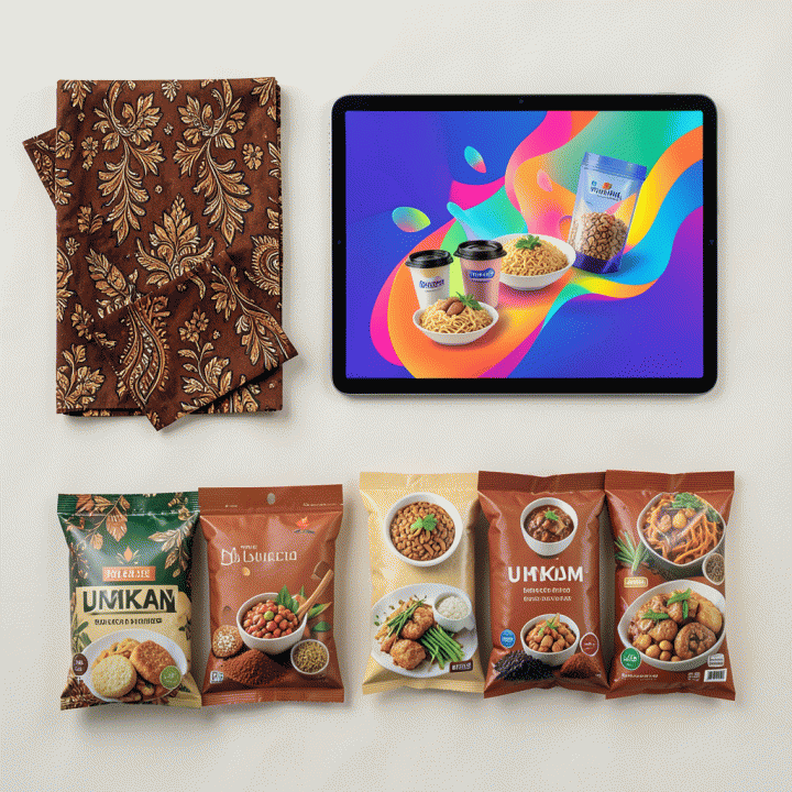 Tata letak overhead produk UMKM fisik yang diletakkan di samping tablet yang menampilkan mockup iklan digital AI yang profesional, melambangkan sinergi pemasaran.