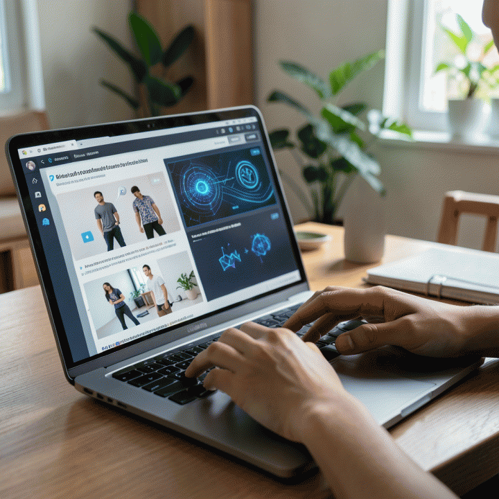 Tangan seorang penjual online Indonesia yang mengunggah foto produk ke antarmuka AI di laptop, menunjukkan proses pembuatan konten iklan yang cepat dan mudah.