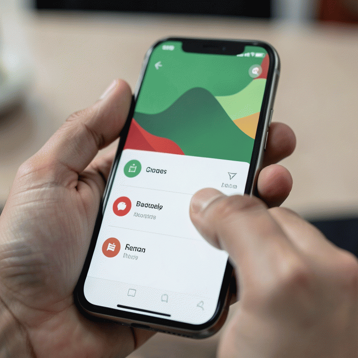 Tangan menunjuk layar smartphone yang menunjukkan antarmuka pengecekan tagihan kesehatan digital (Mobile JKN style), fokus pada kemudahan penggunaan.