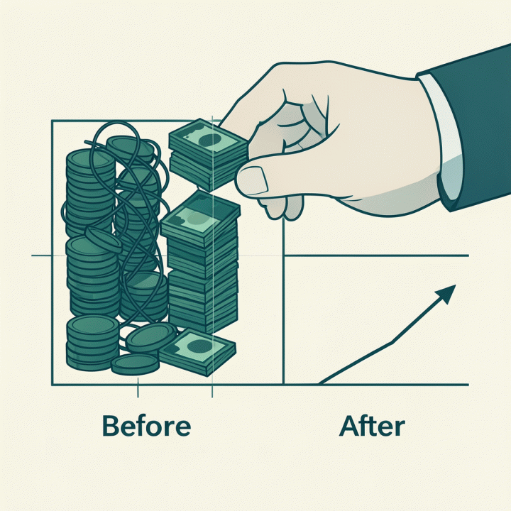 Ilustrasi minimalis tangan yang merapikan uang dan data keuangan ke dalam grafik yang terstruktur, melambangkan asesmen keuangan.
