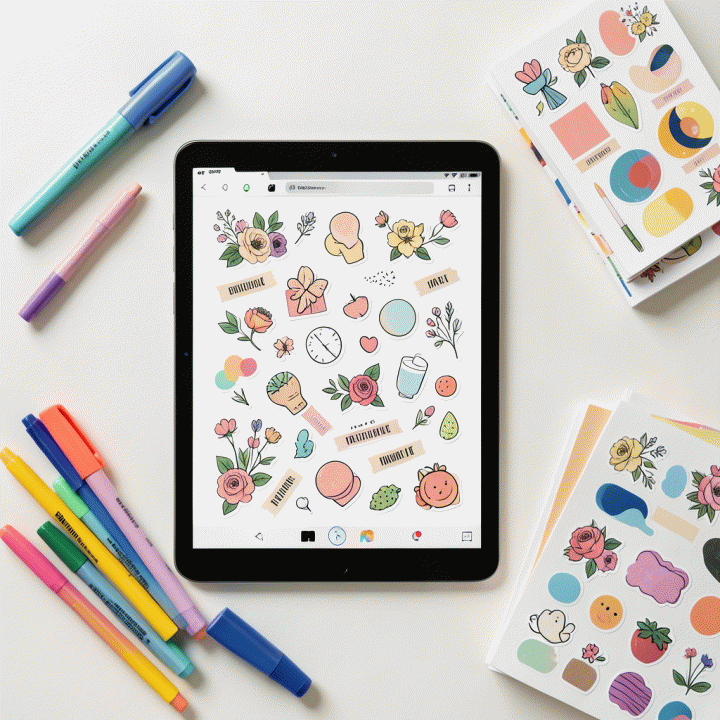 Komposisi flat lay overhead yang menunjukkan jurnal digital yang didekorasi dengan stiker estetik premium, diletakkan di samping alat tulis dan aset stiker fisik, menonjolkan tema kreativitas dan produktivitas digital.
