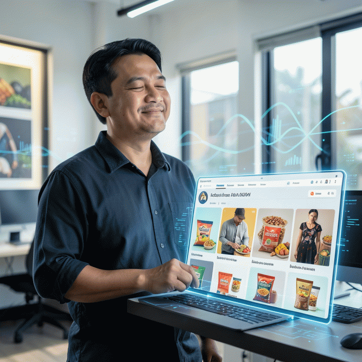 Seorang pemilik UMKM Indonesia yang tampak percaya diri di ruang kerja modern, dikelilingi oleh visual iklan digital berkualitas tinggi yang dihasilkan oleh AI, menunjukkan efisiensi dan solusi pemasaran digital.