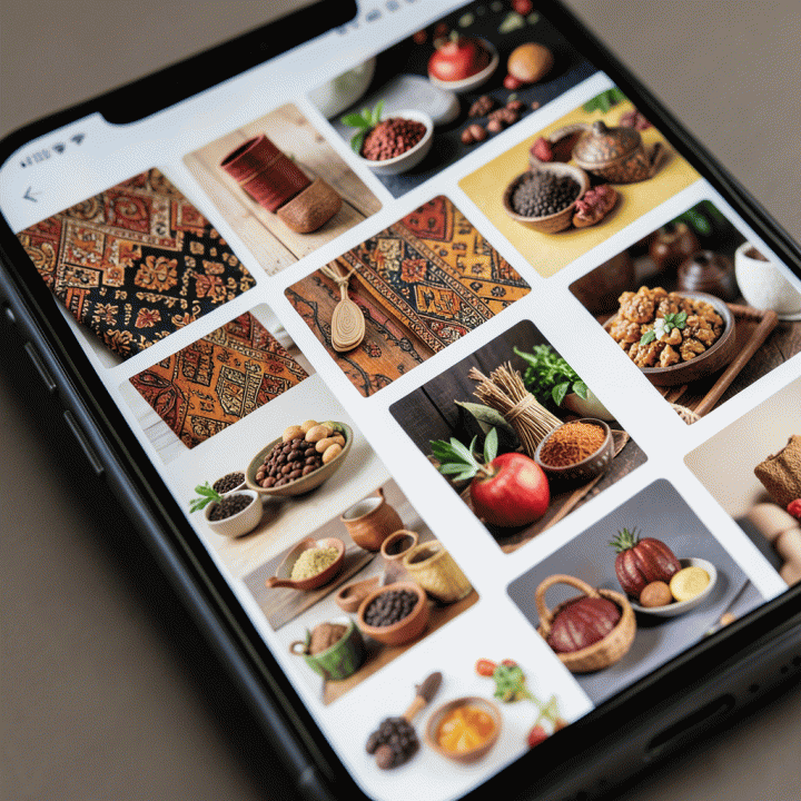 Tampilan layar smartphone yang menunjukkan variasi konten iklan e-commerce berkualitas tinggi untuk produk UMKM Indonesia.