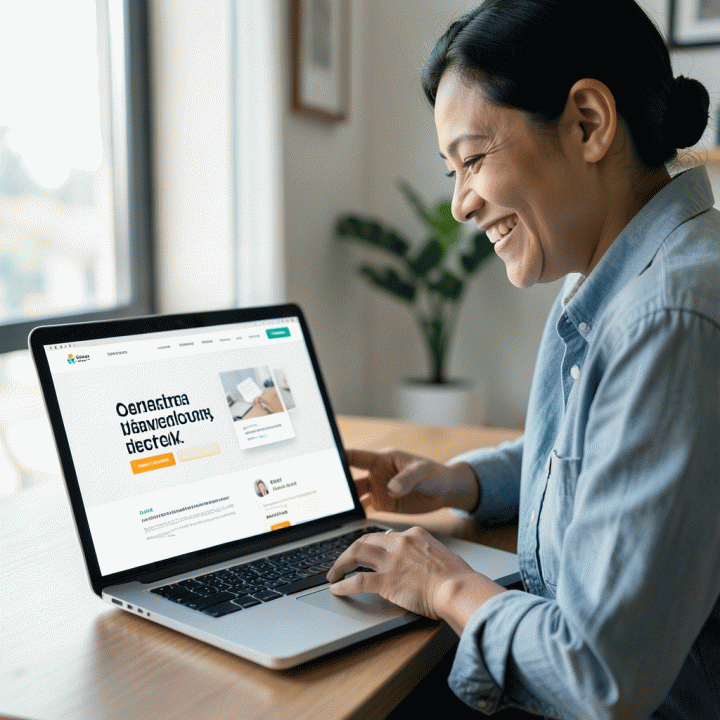 Marketer Indonesia yang puas melihat landing page konversi tinggi pada layar laptop, melambangkan kemudahan penggunaan alat AI.
