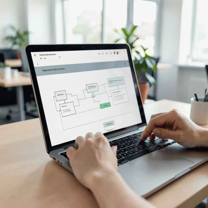Tangan yang bekerja di laptop, menunjukkan proses perakitan landing page yang mudah dan terstruktur.