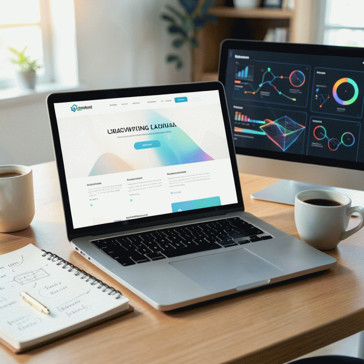 Setup kerja yang modern dan profesional dengan laptop yang menampilkan mockup landing page konversi tinggi untuk produk digital. Suasana cerah, menunjukkan efisiensi penggunaan AI dalam pemasaran digital.
