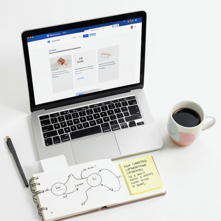 Perbandingan visual antara ide marketing (sketsa, catatan) dan hasil akhir landing page profesional di layar komputer, menekankan efisiensi workflow.