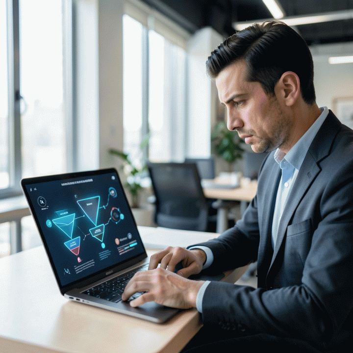 Seorang marketer profesional yang fokus menatap layar laptop yang menampilkan alur funnels konversi tinggi, menyimbolkan efisiensi dan optimalisasi pemasaran digital dengan bantuan AI.