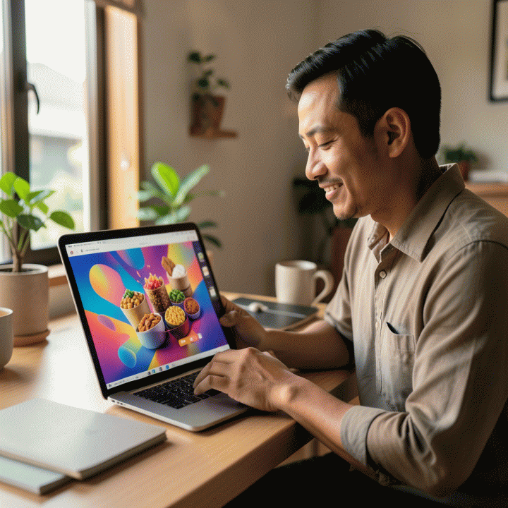 Seorang pemilik UMKM Indonesia yang tampak lega dan percaya diri menggunakan tablet untuk membuat mockup iklan produk berkualitas tinggi menggunakan alat AI, menunjukkan kemudahan tanpa perlu keahlian desain.