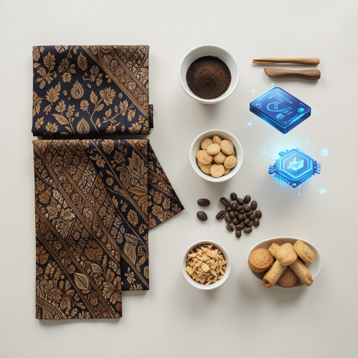 Foto flat lay produk UMKM Indonesia yang dikelilingi elemen visualisasi digital AI, menekankan transisi dari produk fisik menjadi konten iklan digital.