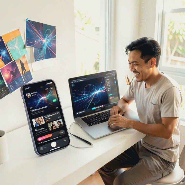 Komposisi flat lay sinematik yang menampilkan smartphone dengan thumbnail YouTube yang menarik, di samping laptop yang menunjukkan antarmuka AI desain yang bersih, melambangkan efisiensi pembuatan konten.