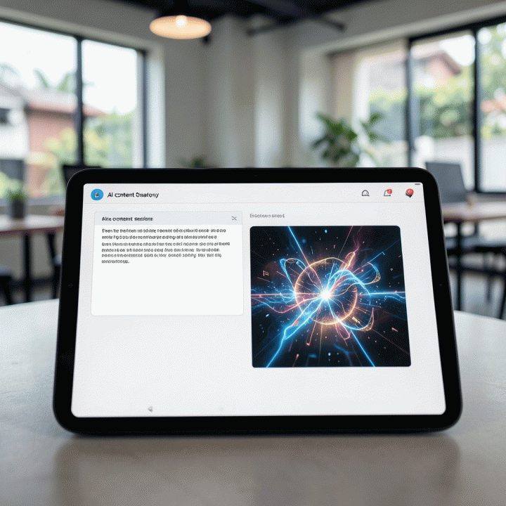 Tampilan tablet AI yang menunjukkan transformasi teks menjadi desain thumbnail visual yang menarik secara otomatis.