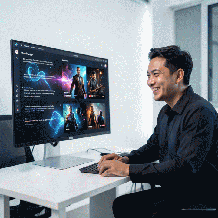 Content creator menggunakan alat AI di meja kerja modern untuk mengubah skrip menjadi thumbnail YouTube yang menarik secara instan, menunjukkan efisiensi dan kreativitas.