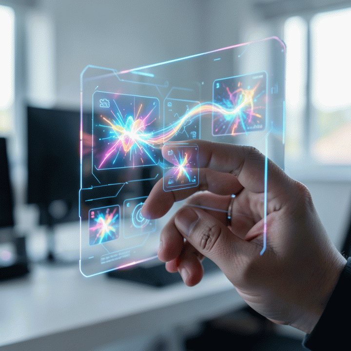 Tangan seorang pengguna berinteraksi dengan antarmuka holografik AI, menunjukkan proses pembuatan thumbnail yang instan dan profesional.