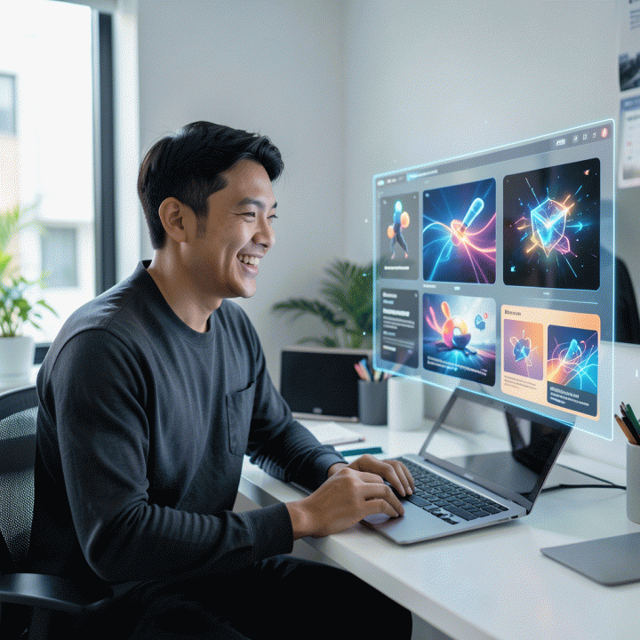Seorang content creator Indonesia yang bahagia di meja kerja modern, melihat antarmuka AI holografik yang menampilkan berbagai desain thumbnail profesional dan menarik secara otomatis.