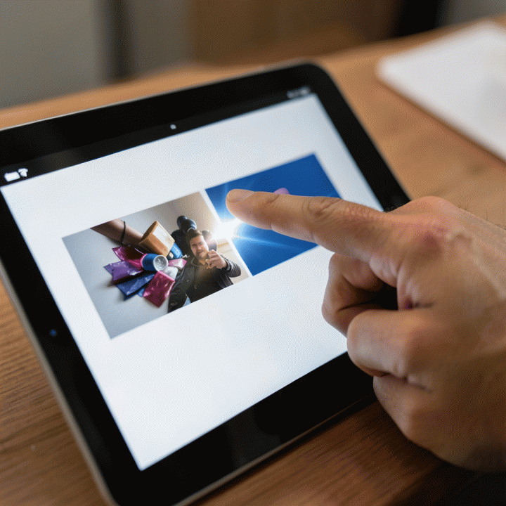 Perbandingan visual thumbnail dari yang biasa menjadi profesional yang dihasilkan AI, dilihat di tablet.