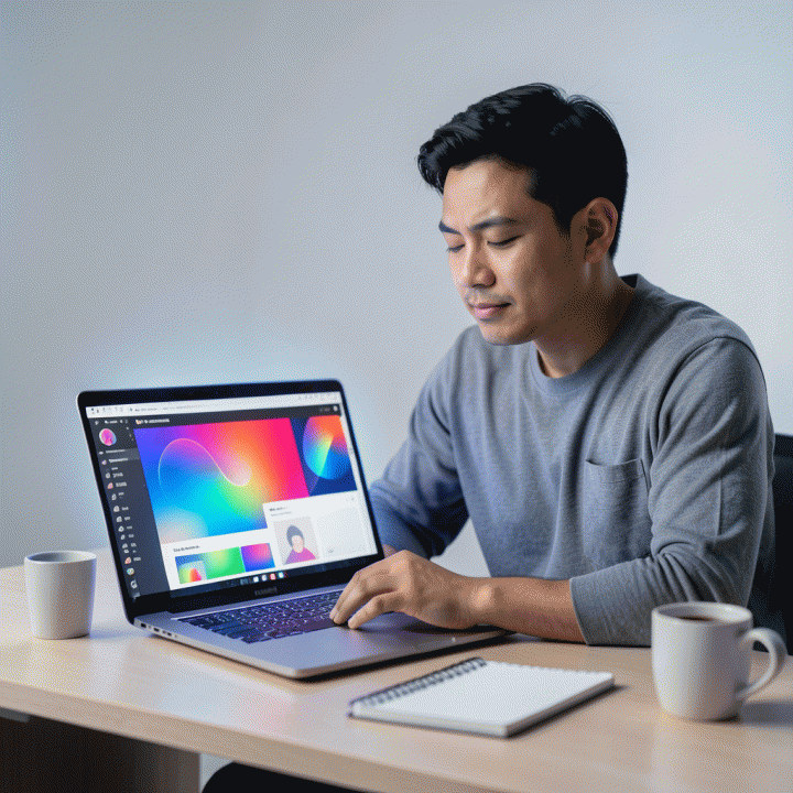 Seorang content creator Indonesia yang fokus menggunakan laptop di meja kerja modern, didukung oleh antarmuka AI yang menampilkan desain thumbnail YouTube profesional yang dinamis dan efisien.