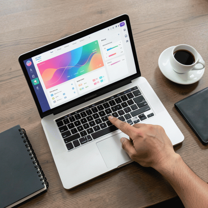 Tampilan overhead meja kerja modern dengan laptop yang menampilkan dashboard AI, menunjukkan kemudahan dan efisiensi dalam proses pembuatan konten.