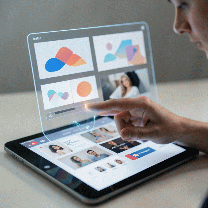 Tangan seseorang berinteraksi dengan antarmuka holografik di tablet yang menampilkan berbagai opsi desain thumbnail konten secara instan.