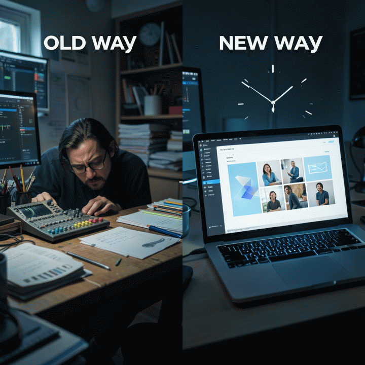 Perbandingan visual antara proses pembuatan desain lama yang rumit dengan proses modern menggunakan alat AI yang cepat dan efisien.