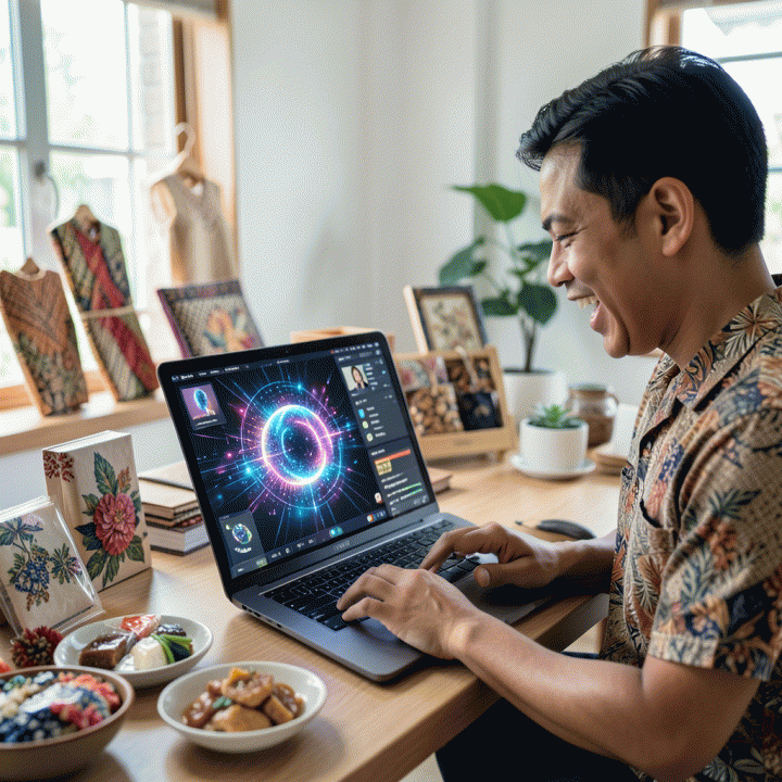 Seorang pemilik UMKM Indonesia tersenyum puas menggunakan laptop, di mana layar menampilkan visualisasi AI yang sedang menghasilkan iklan produk digital yang profesional dan menarik.