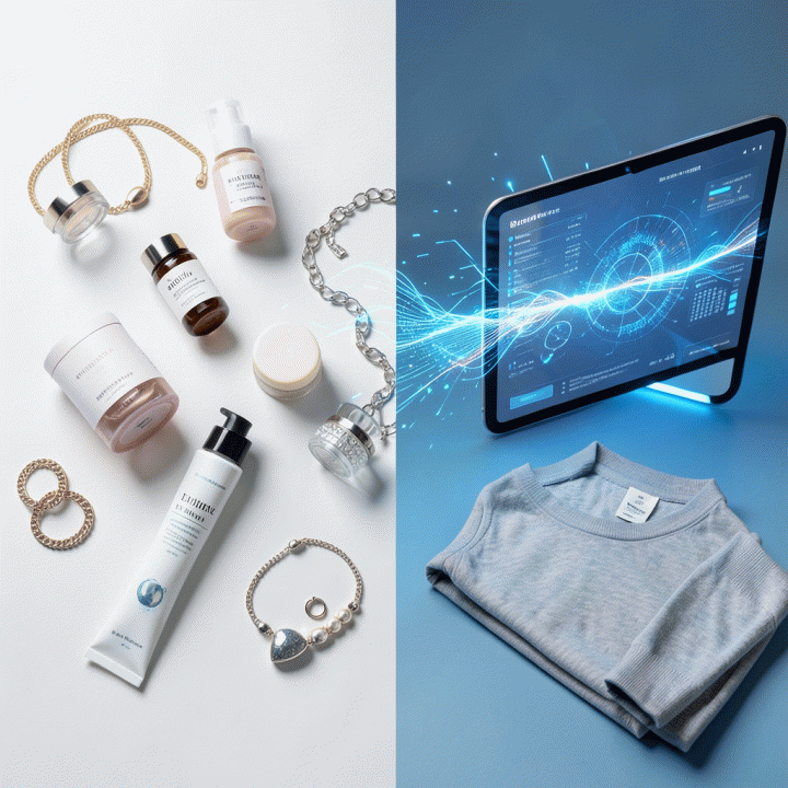 Komposisi flat lay produk fisik dan representasi digital iklan AI yang profesional.