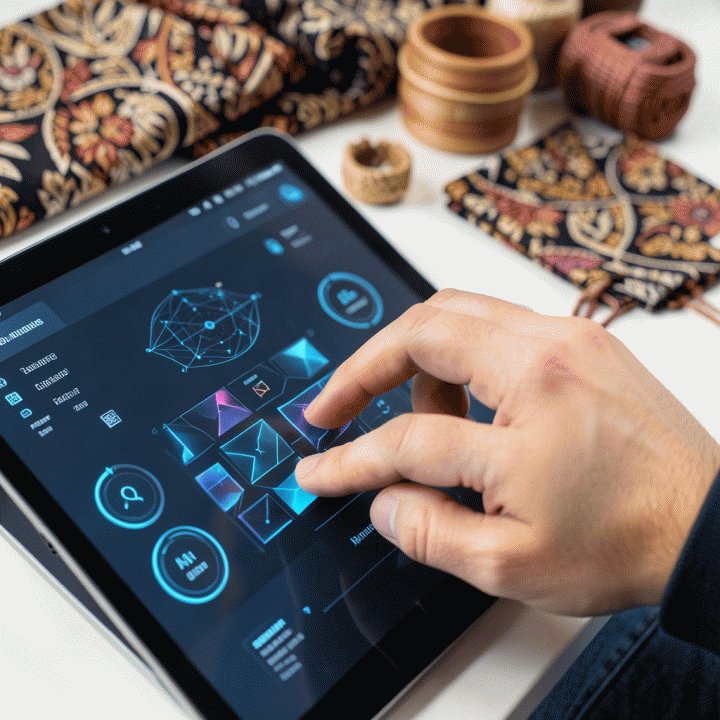 Tangan sedang berinteraksi dengan tablet yang menampilkan antarmuka AI abstrak untuk membuat iklan produk.