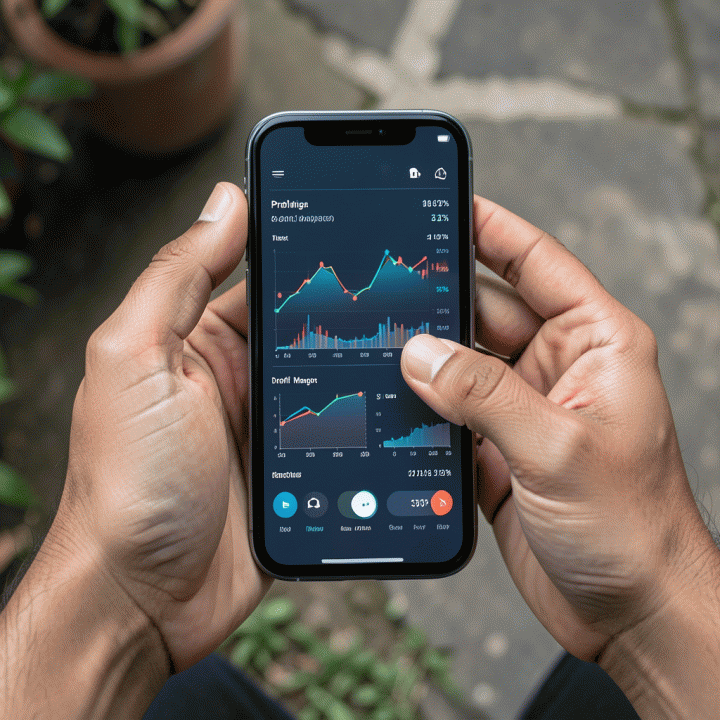 Tangan seorang pengusaha UMKM menggunakan smartphone untuk menganalisis grafik keuangan dan menentukan harga jual optimal di lokasi bisnis mereka.