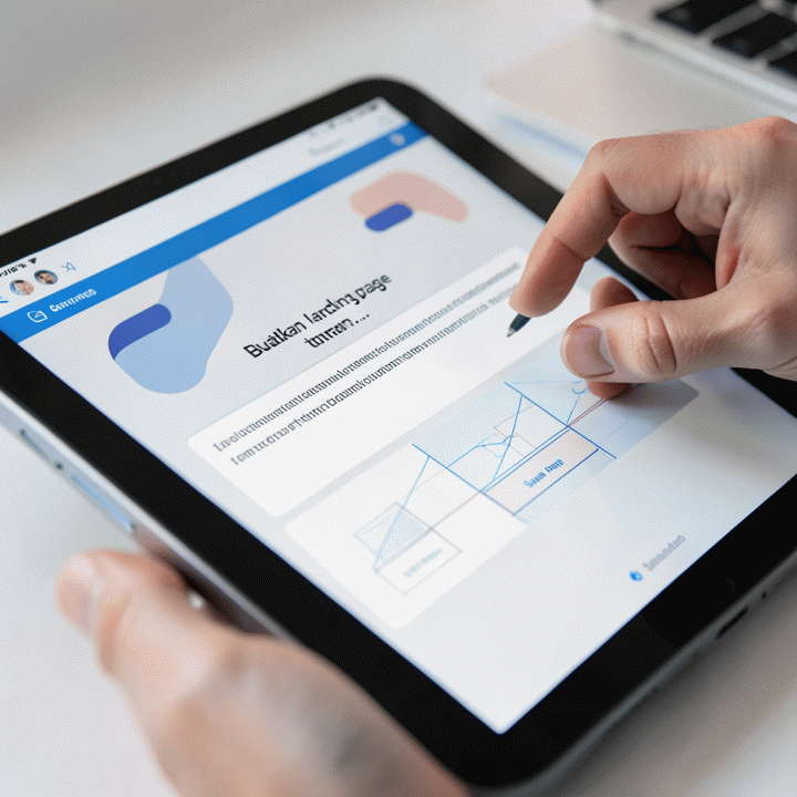 Tangan berinteraksi dengan tablet AI, menunjukkan proses cepat pembuatan struktur landing page hanya dari input teks.