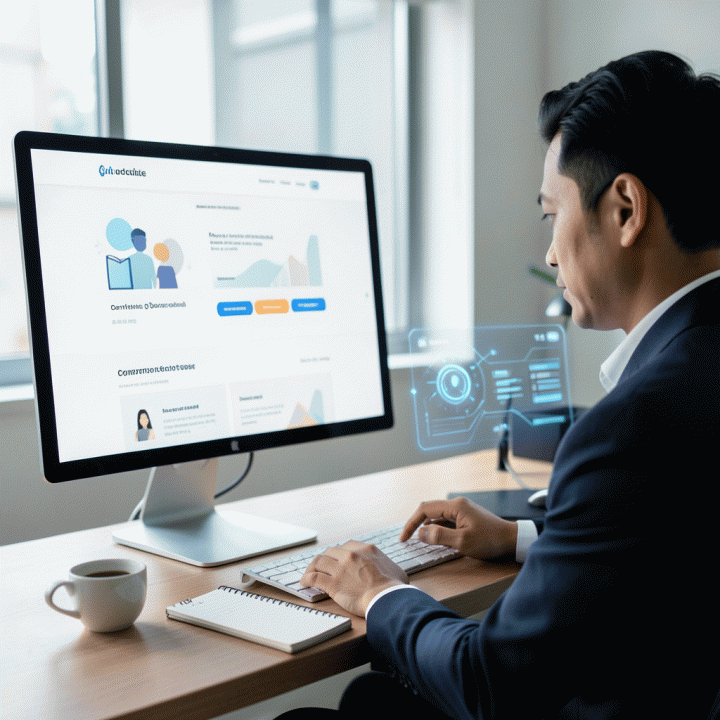 Seorang marketer profesional di ruang kerja modern sedang melihat desain landing page konversi tinggi di monitor, melambangkan efisiensi dan kecepatan pembuatan konten digital menggunakan AI.
