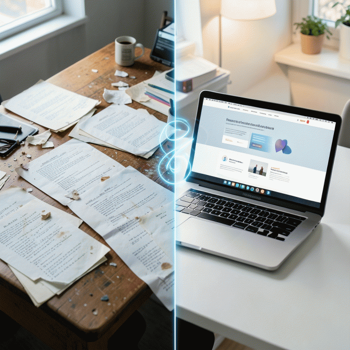Perbandingan visual antara proses pembuatan landing page manual yang rumit dengan proses otomatis yang cepat dan rapi menggunakan AI.