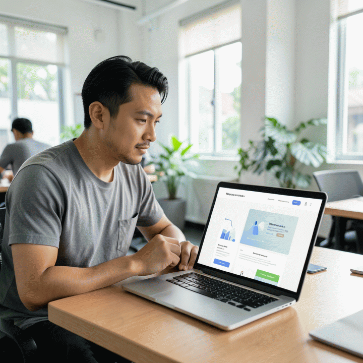Seorang pemilik bisnis profesional di kafe modern sedang menggunakan laptop yang menampilkan antarmuka AI untuk membuat landing page konversi tinggi dengan cepat, melambangkan efisiensi digital.