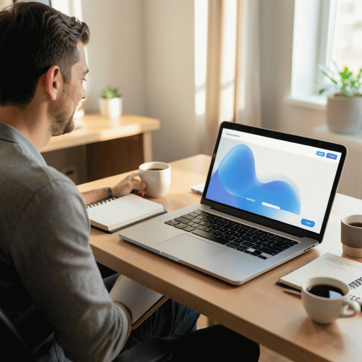 Seorang marketer terlihat puas di depan laptop yang menampilkan landing page siap pakai, melambangkan penghematan waktu dan hasil berkualitas.