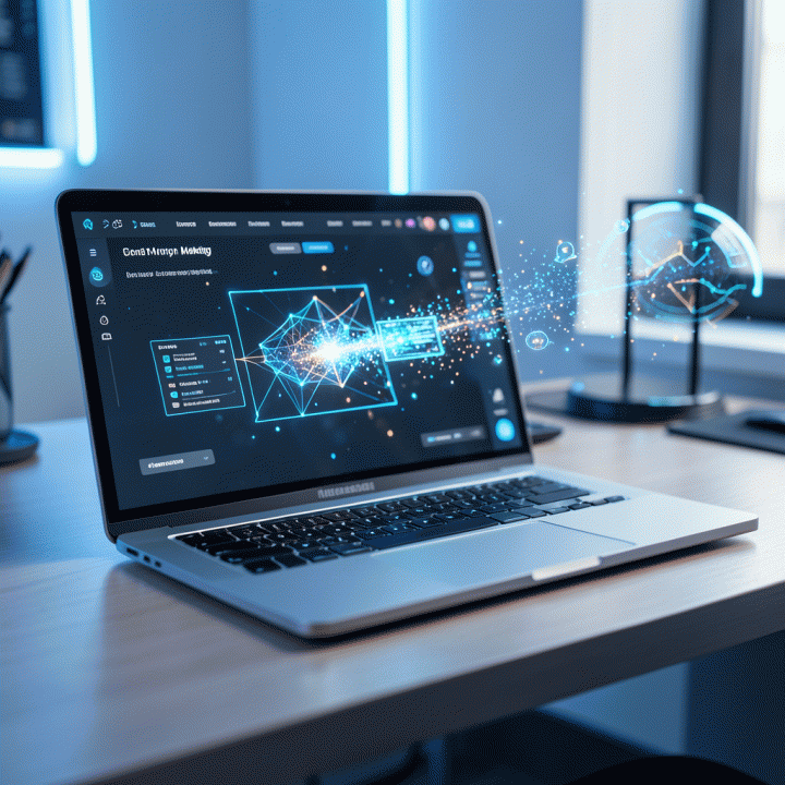 Tampilan meja kerja digital yang modern dengan laptop menampilkan proses pembangunan landing page konversi tinggi menggunakan antarmuka AI yang intuitif, melambangkan kecepatan dan efisiensi marketing.